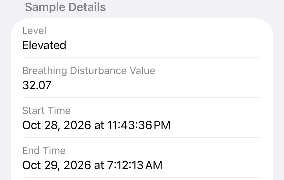 Apple Health details showing Elevated, breathing disturbance value 32.07, October 28 at 23:43:36 to October 29 at 07:12:13.