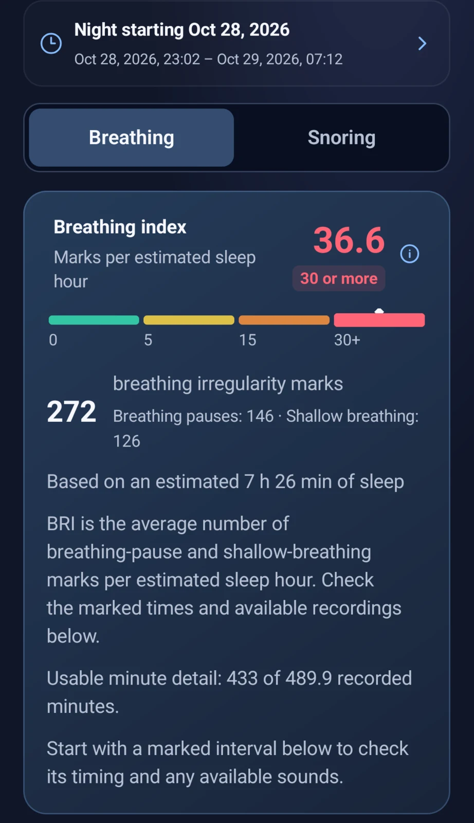 Pixel 7 English report for October 28–29 showing BRI 36.6 and 272 breathing irregularity marks.