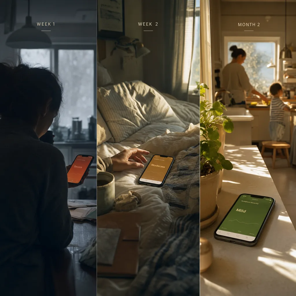 Three SomniSense reports across three different mornings of the same person — week 1, week 2, month 2 — each shown in its real bedroom context.