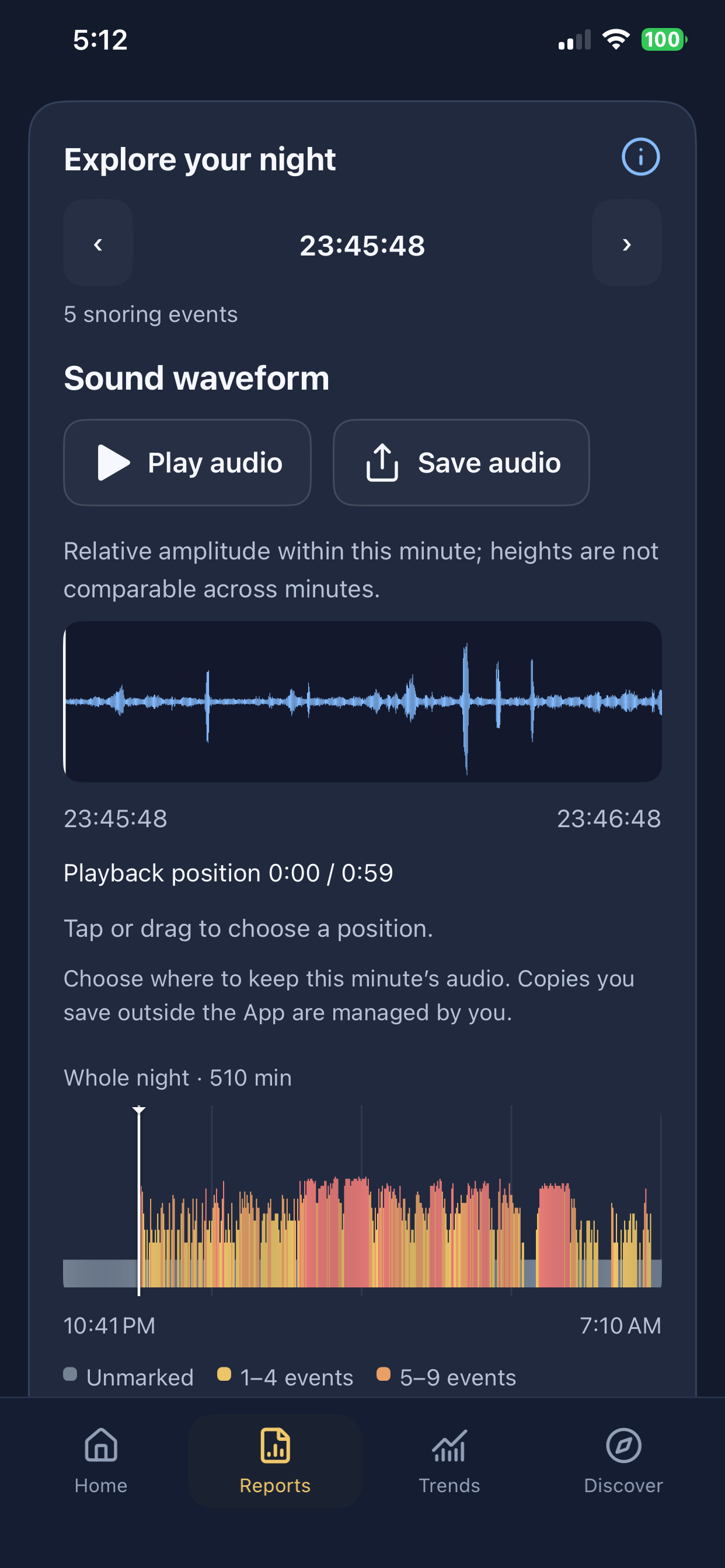 iPhone 1.2.0 interface example: snoring waveform, playback, saving and whole-night position.