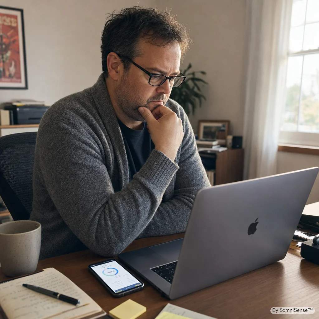 A man at his home office desk, hand on chin, staring at his MacBook — an iPhone beside it shows a sleep report. The afternoon brain-fog moment when even simple tasks need extra effort.