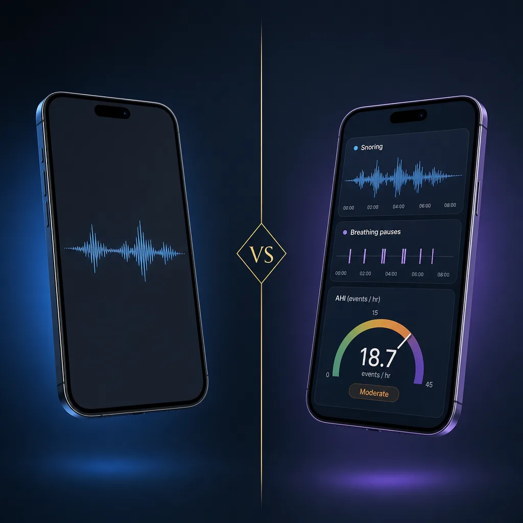 Comparison between a snoring-only app dashboard and SomniSense's combined snoring + breathing dashboard.