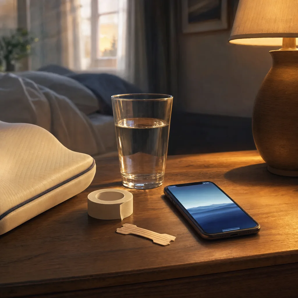 A contoured pillow corner, a roll of mouth tape and a nasal strip together on the nightstand beside a glowing phone — the remedies you're testing, one honest measure for all of them.
