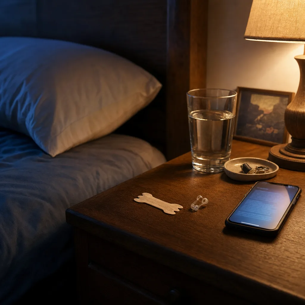 A nasal strip and a small nostril dilator clip resting beside a smartphone on a wooden nightstand at dusk — a cheap fix about to be measured.